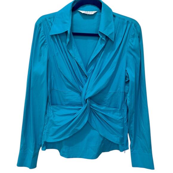 Trina Turk Cotton Twist Front V Neck Blouse in Turquoise - Picture 3 of 7